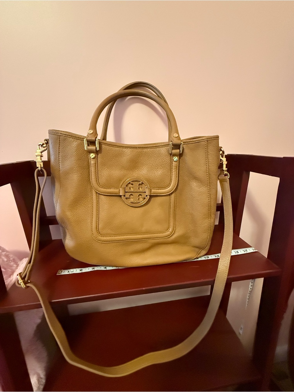 Tory Burch Cognac Pebbled Leather Tote with Logo Front Pocket
